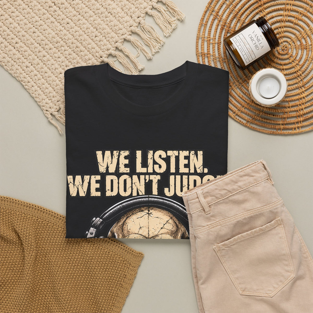 We Listen We Don’t Judge Skull Headphones T-Shirt